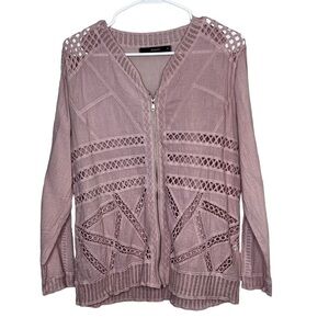 J Robert’s Womens M Pink Laser Cut Zip Top Butterfly Crochet Back Long Sleeve